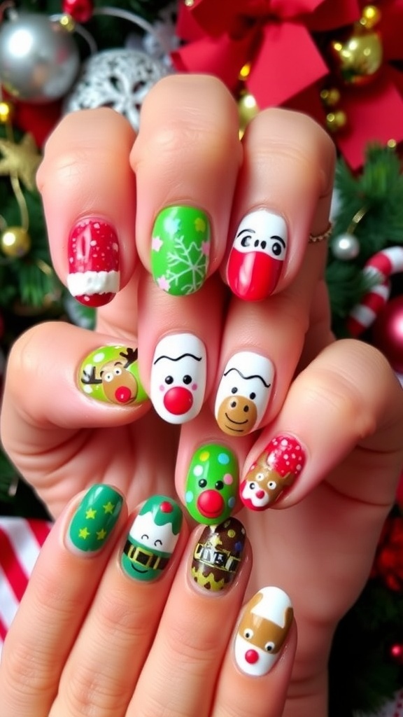 A collection of humorous ugly Christmas nail designs with festive colors and playful patterns.